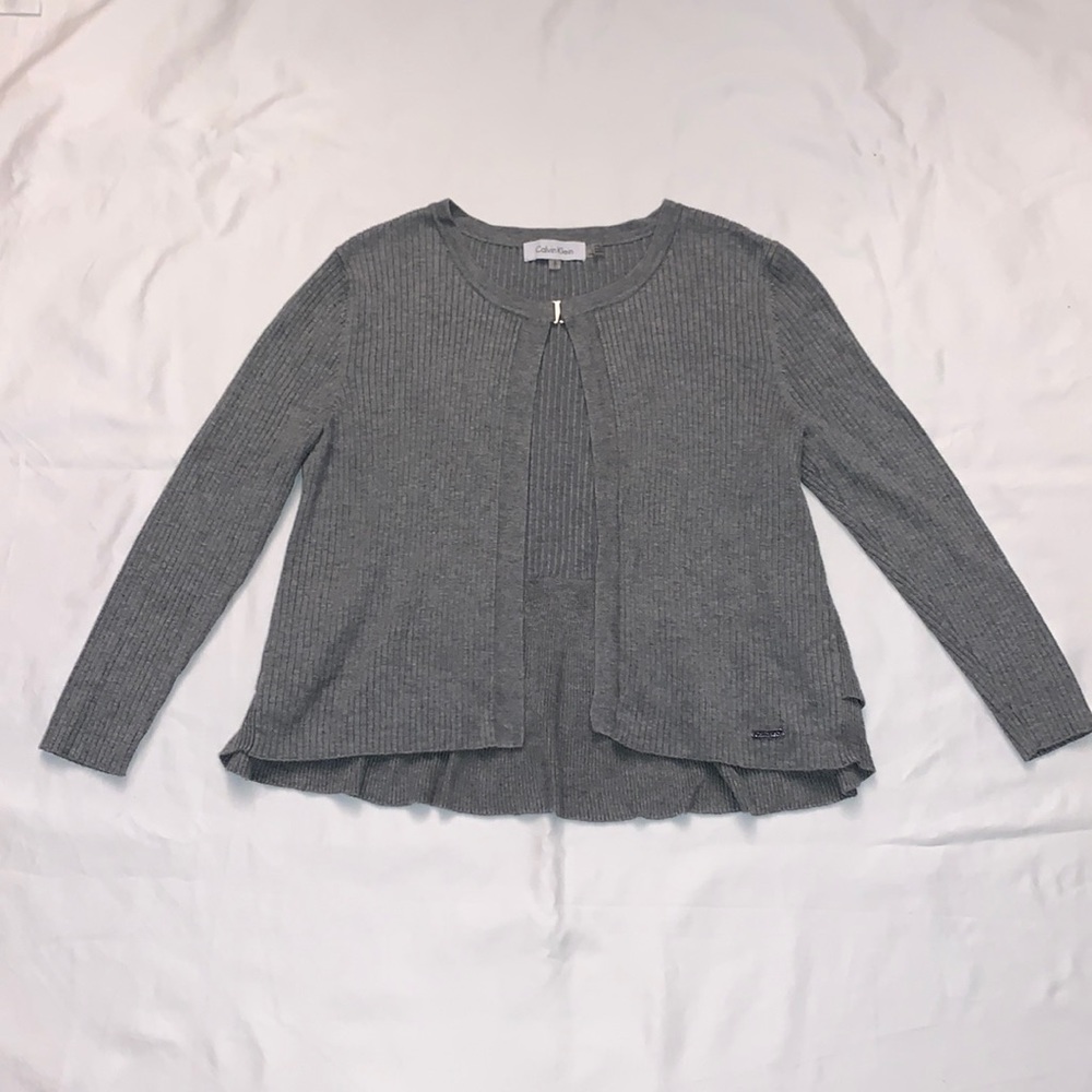 Calvin Klein Back Ruffled Front Clip Grey Cardigan